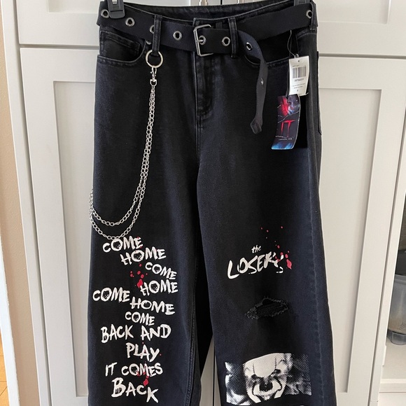 IT Chapter Two PENNYWISE Black Side Chain Wide leg Pants Goth Juniors Size 5 NWT - Picture 2 of 16